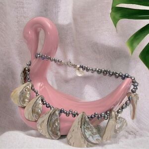Sterling Silver Freshwater Pearl and Abalone Shell Necklace SS Lobster Latch 8"